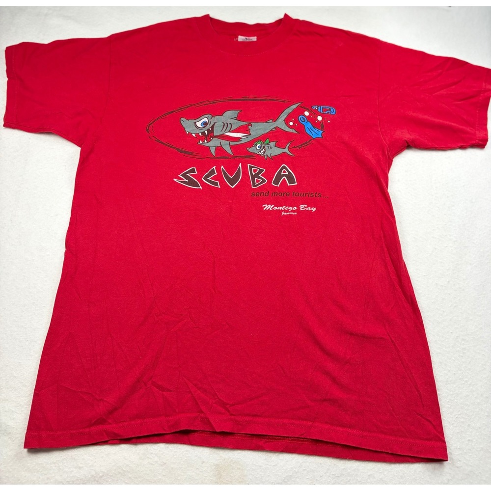 Yazbek Mens Scuba Shark Montego Bay Jamaica Graphic T-Shirt Red Large